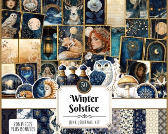 Winter Solstice Junk Journal Kit: Moonlit, Snowy Landscape Yuletide Digital Kit (JPG Download)