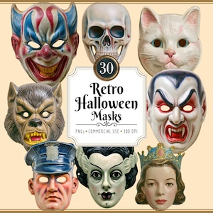 Retro Halloween Mask Clipart: Vintage 1950s 60s 70s Plastic Faces, Mid Century Halloween (PNG Download)