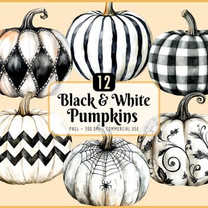 Black & White Pumpkins Clipart Kit | Fancy Halloween Painted Pumpkins, Elegant, Classy, Minimalist Modern Farmhouse, Instant PNG Download