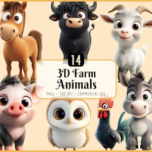 Könnte beinhalten: Eine Sammlung von 3D-Cartoon-Bauernhoftieren, darunter ein Pferd, ein Bulle, eine Ziege, ein Esel, ein Schwein, eine Eule und ein Hahn. Das Bild hat einen hellgelben Hintergrund und den Text "14 3D Farm Animals".