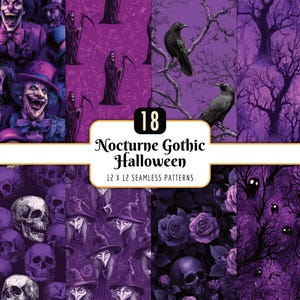 May include: A digital art collection titled "Nocturne Gothic Halloween" featuring 18 seamless patterns. The patterns showcase a variety of gothic and Halloween-themed designs in shades of purple, including skulls, ravens, and witch illustrations.