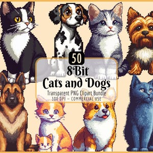 Paquete de imágenes prediseñadas de gatos y perros de 8 bits / Pixel Art, videojuego, gráficos de dibujos animados retro, cachorros y gatitos adorables, descarga instantánea, uso comercial