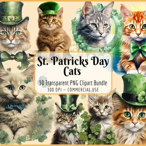 Lot de cliparts chats de la Saint-Patrick | Lot de chats aquarelle, chaton porte-bonheur, trèfle de la Saint Patrick, téléchargement PNG instantané, usage Commercial
