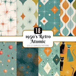 May include: A set of 18 retro atomic seamless patterns. The designs include starbursts, geometric shapes, and cat illustrations in teal, orange, and cream. The text reads "1950's Retro Atomic 12 x 12 Seamless Patterns."
