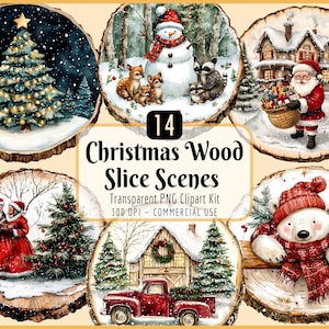 Clipartset houtsnede scènes kerst | Rustiek, feestelijk, winter, kerstman, besneeuwd bos, png-bestand downloaden, commercieel gebruik