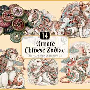 Kinesisk zodiak Clipart: Utsmyckade kinesiska djur, grafik med månens nyår (PNG-nedladdning)