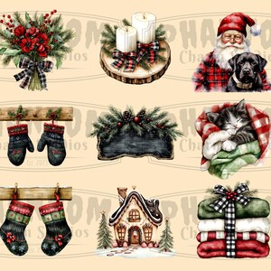 Nine of our Farmhouse Christmas clipart images; including red florals, two candles on a wood slice, Santa Claus with a black lab, a pair of mittens, a blank sign, sleeping kitten, pair of stockings, gingerbread house and blankets.