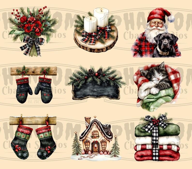 Nine of our Farmhouse Christmas clipart images; including red florals, two candles on a wood slice, Santa Claus with a black lab, a pair of mittens, a blank sign, sleeping kitten, pair of stockings, gingerbread house and blankets.