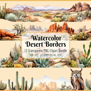 Paquete de imágenes prediseñadas de bordes desérticos en acuarela: paisajes, tonos naturales, paisajes del oeste, cactus, suculentas. Descarga instantánea. Uso comercial.