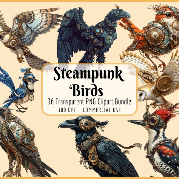 Steampunk Birds Clipart Bundle I Victorian Fantasy Retro Colorful Mechanical Bronze Falcon Raven Cardinal, Instant Download, Commercial Use