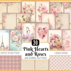 Meia página de corações e rosas cor-de-rosa para o Dia dos Namorados | Diário de Junk, Amor, Shabby Chic, Vintage, Imprimir e dobrar, Misture e combine, Download instantâneo de JPG