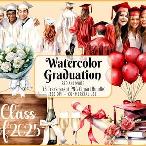 Aquarell Graduierung Clipart Paket I rot weiß, graduierte, Diplom, Cap Kleid Robe, ältere Mädchen Jungen, sofortiger PNG Download, kommerzielle Nutzung