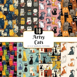 Può includere: Una collezione di 18 motivi senza cuciture con disegni artistici di gatti. I motivi presentano gatti in vari stili, inclusi musicisti, e composizioni colorate e stravaganti. Il testo "Artsy Cats" è visualizzato.