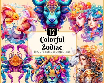 Colorful Zodiac Sign Clipart: Vibrant Astrology, Horoscope, Aries to Pisces (PNG Download)