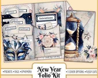 New Year Folio Kit | Junk Journal Insert Folder, Fussy Cuts, Goals, Intentions, Resolutions, Bucket List, Mix & Match, Instant Download JPG