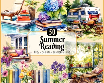 Summer Reading Clipart: Cozy Reading Nooks, Bookshelf, Book Stacks (PNG Download)
