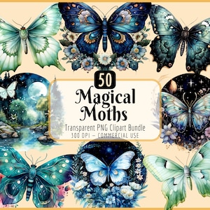 Magische Motten Clipart Bundle I Mystische Luna Motte, Fantasy Mondschein wunderlich Ätherisch, Insekt Grafiken, sofortiger PNG Download, kommerzielle Nutzung