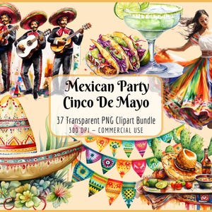 Pacote de clipart mexicano Cinco de Mayo | Aquarela colorida, Fiesta, Tequila, Decorações, Comida mexicana, Download instantâneo de PNG, Uso comercial