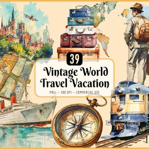 World Travel Vacation Clipart Bundle | Vintage Watercolor, Airplane, Ship, Steamer Trunks, Luggage, Instant PNG Download, Commercial Use