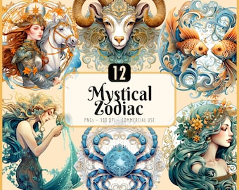 Mystical Zodiac Sign Clipart: Horoscope, Astrology Signs, Celestial, Sun Signs (PNG Download)