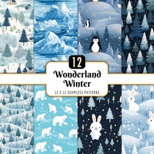 Wonderland Winter Seamless Pattern Bundle | Digital Paper Pack, Snowy Pine Trees, Polar Bears, Bunnies, Instant PNG Download, Commercial Use