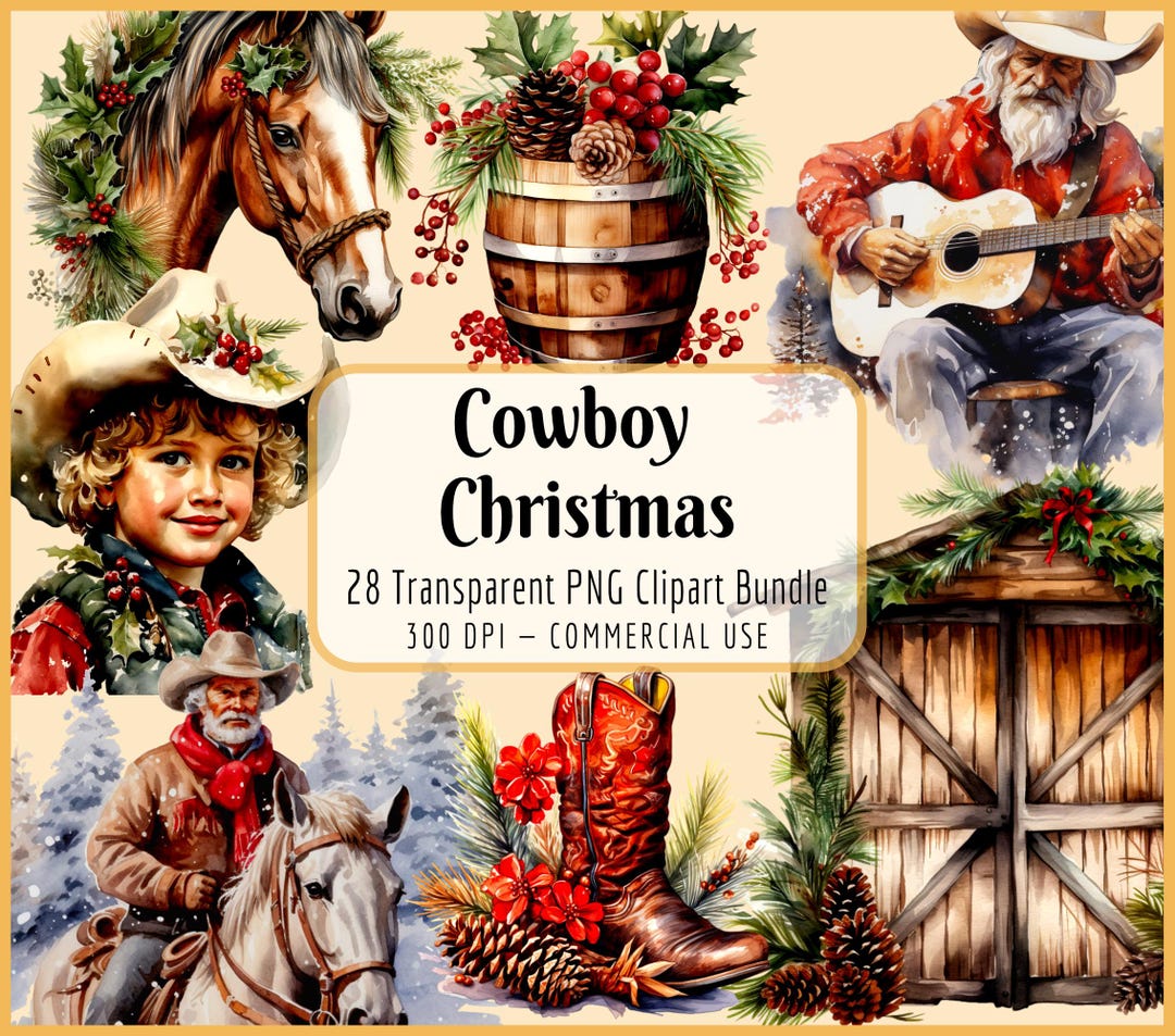 Cowboy Christmas Clipart Bundle | Watercolor, Festive Cowboy, Western ...