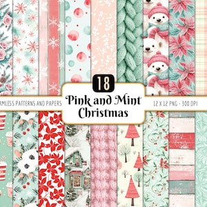 Bundle di motivi natalizi rosa e menta senza soluzione di continuità / Pacchetto di carta digitale, acquerello, pastelli, fiocchi di neve, download immediato di PNG, uso commerciale