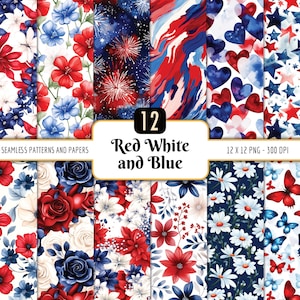 Rot, weiß und blau Muster-Bundle | Digital Paper Pack, Aquarell 4. Juli Juli 2019, Sommer, sofortiger PNG Download, kommerzielle Nutzung