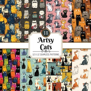 Artsy Cats Seamless Patterns: Art Inspired Digital Paper Pack (PNG Download)
