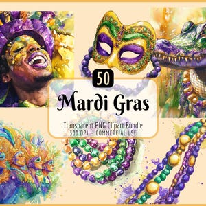 Karneval Clipart Bundle | Aquarell, Karneval Faschingsdienstag, Festliche Masken, Perlen, King Cake, Festwagen, Sofort PNG Download, Kommerzielle Nutzung