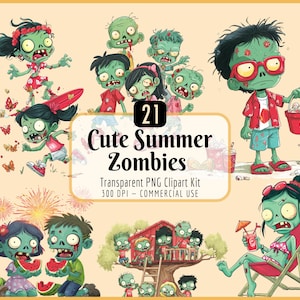 Niedliches Sommer Zombie Kinder Clipart Bundle | Schrullige tropische untote Charaktere, lustiges Strandferien-Baumhaus, Jungen-Mädchen, sofortiger PNG-Download