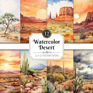 Aquarel woestijnachtergronden | Zuidwestelijk canyonlandschap met natuurlijke tinten, boho Wild West-achtergrond met cactussen, direct te downloaden, commercieel gebruik toegestaan.