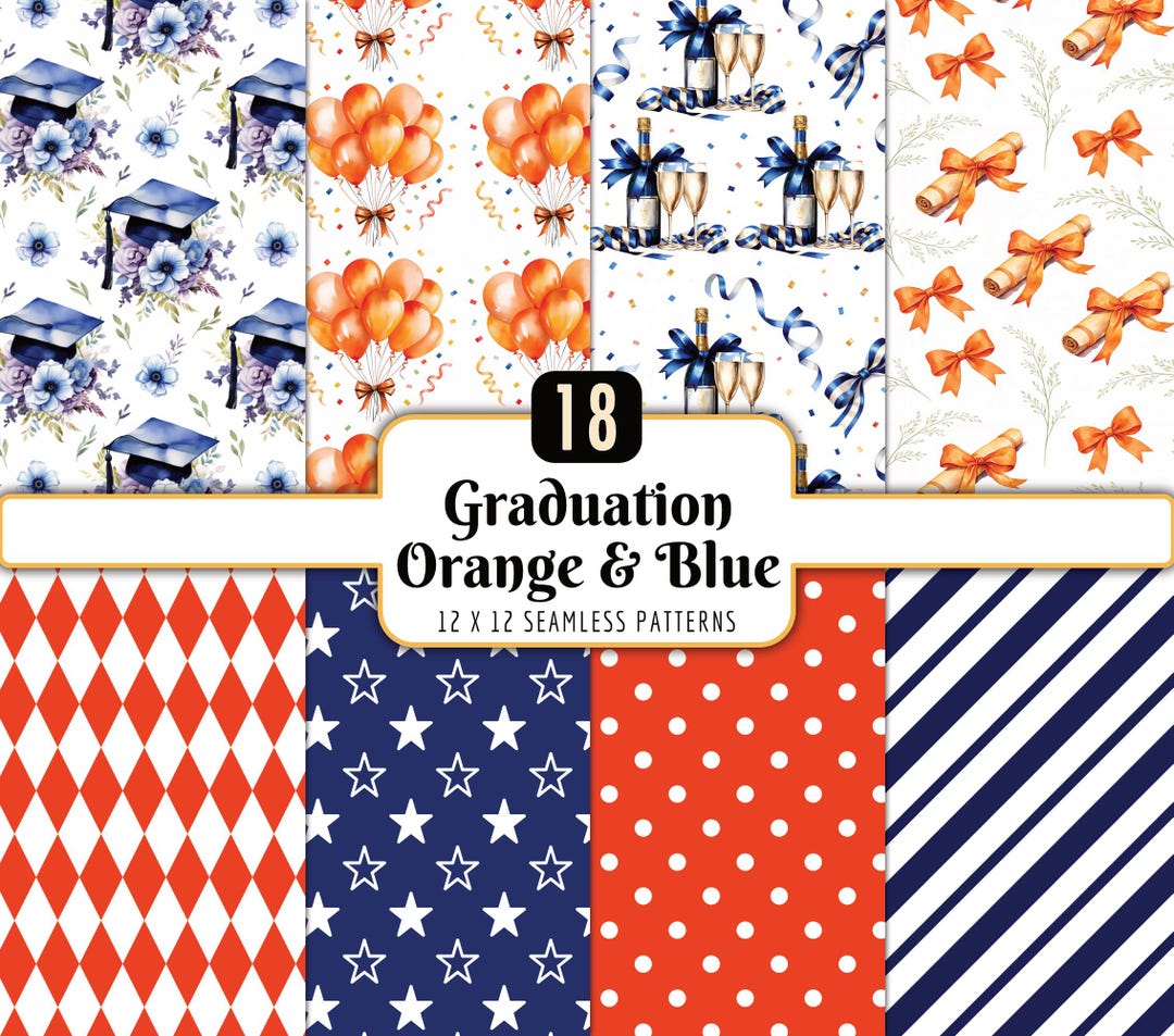 Graduation Seamless Patterns: Orange & Blue Celebration Digital Paper ...
