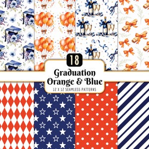 Puede incluir: Una colección de 18 patrones sin costuras con temática de graduación en naranja y azul. Los diseños incluyen gorras de graduación, globos, champán, pergaminos y varios patrones geométricos. El texto dice "Graduation Orange & Blue 12 x 12 Seamless Patterns."