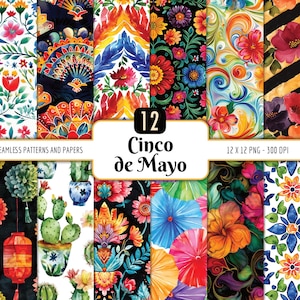Lot de motifs sans couture Cinco De Mayo | Paquet de papier numérique, fleurs colorées de la Fiesta mexicaine, cactus, téléchargement PNG instantané, usage Commercial