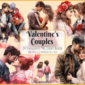 Paquete de imágenes prediseñadas de parejas de San Valentín: acuarela, parejas románticas, tomadas de la mano, parejas alternativas, descarga PNG instantánea, uso comercial