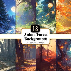 Puede incluir: Un conjunto de 18 fondos de bosque anime, cada uno de 30,48 x 30,48 cm. Las imágenes representan diversas escenas de bosque con senderos, árboles e iluminación atmosférica, incluyendo entornos nevados y otoñales.