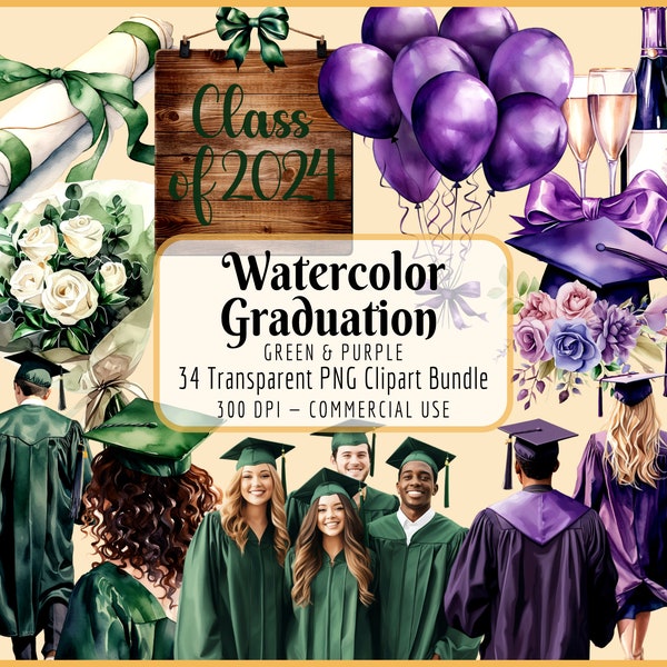 Watercolor Graduation Clipart Bundle I Green Purple Graduate Diploma Cap Hats Gown Robe Senior Girls Boys Celebration, Instant PNG Download