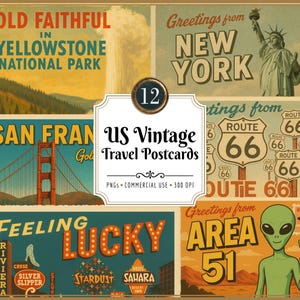 Vintage-Reisepostkarten-Cliparts aus den USA: Sehenswürdigkeiten der USA, Route 66, Area 51 (PNG-Download)