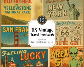 Images clipart de cartes postales américaines vintage : monuments des États-Unis, Route 66, Zone 51 (téléchargement PNG)