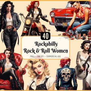 Rockabilly Rock & Roll Women Clipart Bundle | 1950s Pinup, Retro, Portrait Girl Biker, Sunglasses, Hot Rod, Instant Download, Commercial Use