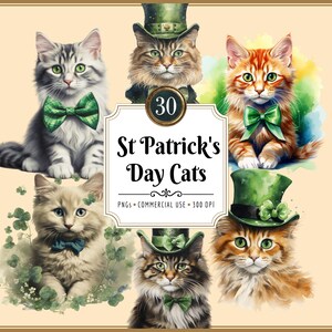 St Patricks Day Cats Clipart: Lucky Kitty, Bow Ties, Shamrocks (PNG Download)