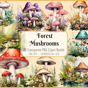 Lot de cliparts champignons forestiers | Aquarelle, scènes de la nature, forêts mystiques, champignons vénéneux, mycologie, téléchargement PNG instantané, usage commercial