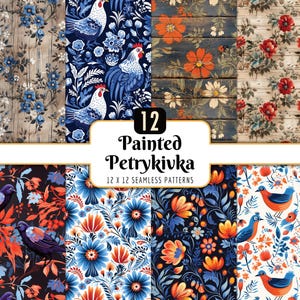Patrones sin costuras de Petrykivka pintados: Paquete de papel digital, arte popular ucraniano, flores pintadas en madera (descarga PNG)
