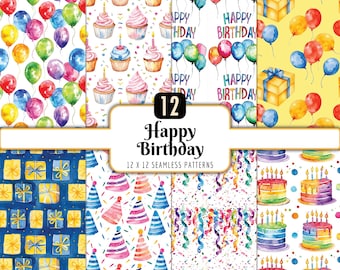 Happy Birthday Seamless Patterns: Cake Balloons Confetti Digital Paper Pack (PNG Download)
