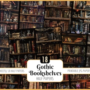 May include: 18 printable digital papers featuring gothic bookshelves filled with old books, potions, and candles.  9 sheets, 18 half papers. Printable JPG papers.