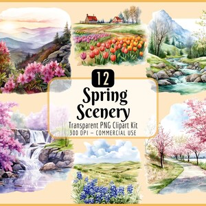 Könnte beinhalten: Ein Set mit 12 Aquarell-Clipart-Bildern mit Frühlingslandschaften. Die Bilder zeigen verschiedene Frühlingsmotive, darunter einen Wasserfall, eine Bergkette, ein Tulpenfeld, einen Weg durch einen Wald und einen Fluss, der durch eine Wiese fließt. Die Bilder sind perfekt, um Ihren Designs einen Hauch von Frühling zu verleihen.