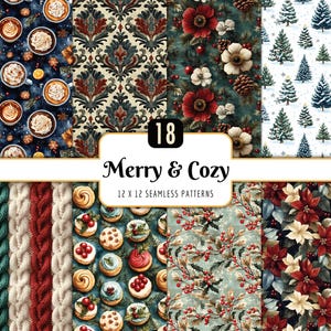 May include: A collection of 18 seamless patterns with a Merry & Cozy theme. The patterns include images of coffee, damask, flowers, Christmas trees, cable knit, cookies, holly, and poinsettias. The patterns are 30.48 x 30.48 cm.