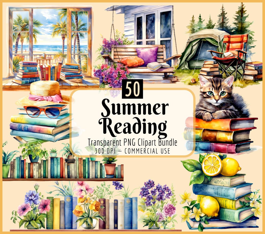 Summer Reading Clipart Bundle I Book Stacks, Bookshelf, Cozy Reading ...