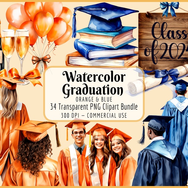 Watercolor Graduation Clipart Bundle I Orange Blue Graduate Diploma Cap Hats Gown Robe Senior Girls Boys Celebration, Instant PNG Download